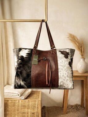 🔥NEW Boho Western Myra Bag genuine Cowhide Canvas Leather Weekender Travel tote